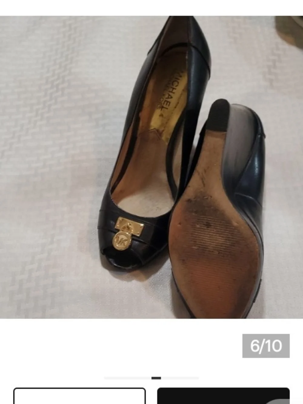 Michael Kors Black Leather Peep-Toe Wedge Pumps with Gold Logo